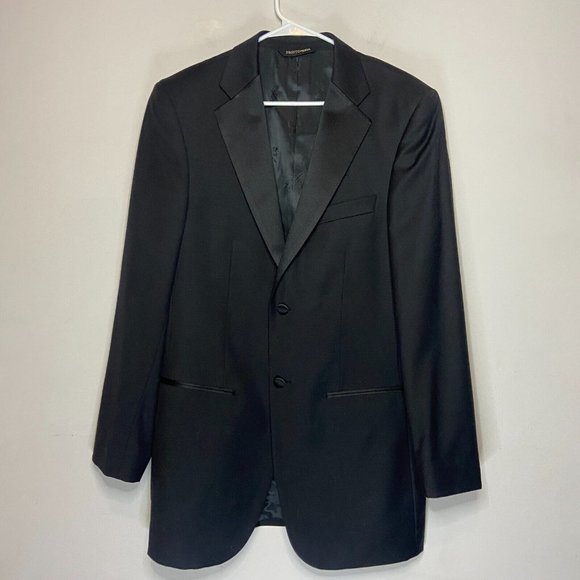 ProntoMODA Men 38L Tuxedo Suit Jacket Satin Lapel Black 2 Button Long 100% Wool - Picture 1 of 14